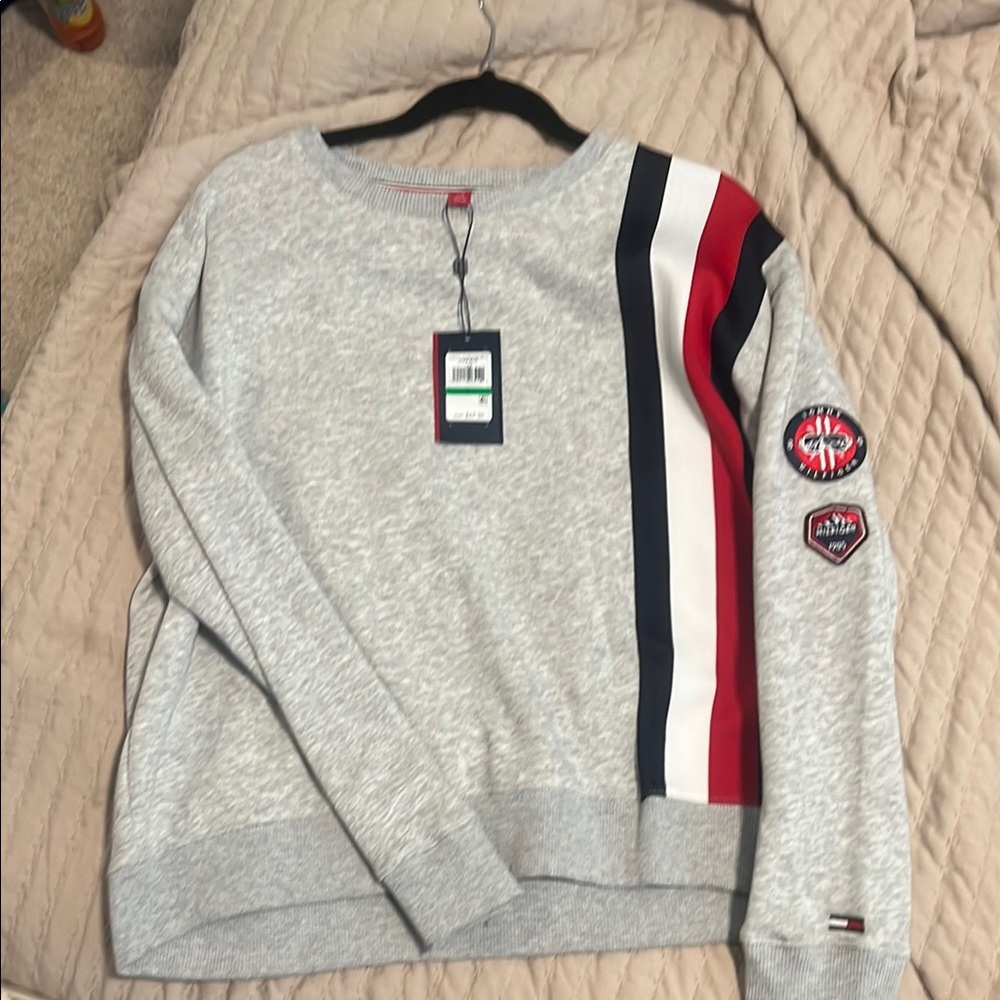 Tommy Hilfiger Gray Sweater with Red, White, and Blue Stripes